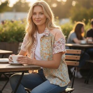 American Eagle Button Down Shirt Patchwork Floral Cottage core Boho Style Size M